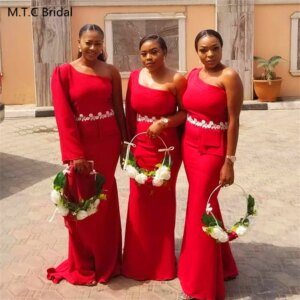Red Long 2024 African Bridesmaid Dresses One Shoulder Full Sleeve Mermaid Wedding Party Gowns Custom Made Robe De Soiree