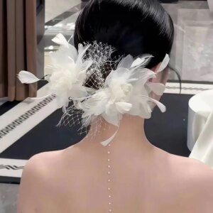 Bridal White Flower Hair Accessories Bow Mesh Feather Tassel Ribbon Headdress Barrettes Beautiful