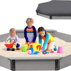 85”x78”x9” Octagon Sandbox with Cover for Kids Outdoor Play, Wood Large Sandpit with 4 Benches, Quick Easy Install, US. Paten