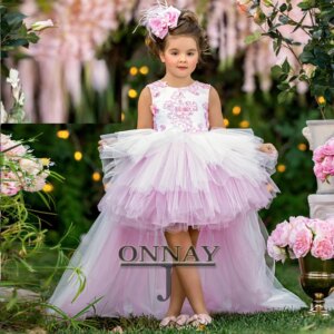 Customized Tiered Flower Girl Dress Lace Appliques for Baby Pageant Bow Back Communion Robe De Demoiselle for Girls Drop Ship