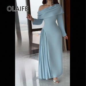 Classic Boat Collar Satin Pleated Saudi Arab Dress Sheath Long Backelss Evening Gown with Long Sleeve فساتين سهرة Customized