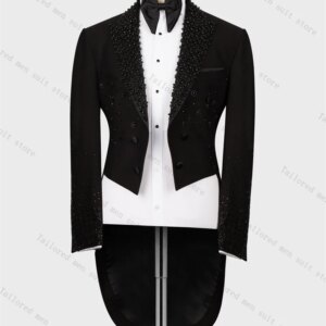 Black Crystals Men Suit Set 2 Pieces Hi-Lo Blazer+Pant Formal Work Office Male Jacket Prom Coat Trousers Groom Wedding Tuxedos