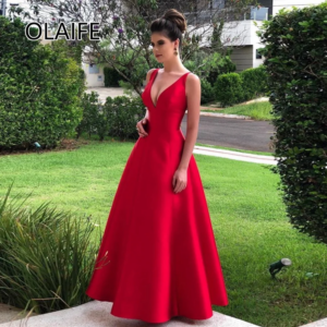Classic Deep V-neck Satin Solid Formal Evening Party Dres Floor-Length Open Back Evening Arab Gown Customized