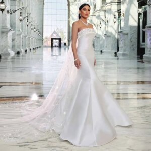 Luxury Dresses Women 2025 Wedding Satin Mermaid/Trumpet Wedding Party Dress White Strapless Ruched Beads Hall Wedding Dress Long