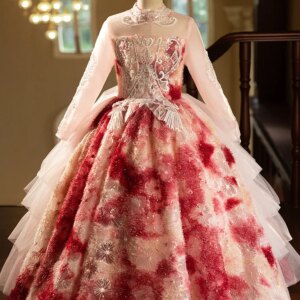 Girls Embroidered Sequin Long Sleeve Princess Dress 2024 Fashion Luxury Flower Long Dress Carnival Birthday Party Catwalk Evenin