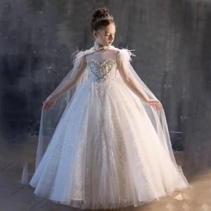 Jill Wish Luxury White Feather Arabic Girl Dress with Detachable Cap Princess Wedding Birthday Pageant Party Evening Gown J124
