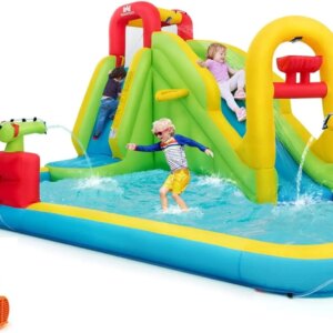 Inflatable Water Slide, Mega Waterslide Park for Kids Backyard Family Fun with 550w Blower, Climbing Wall, Blow up Water Sl