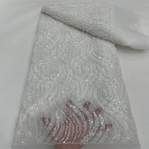 2025 New African French Nigerian High End Lace Fabric With Beads Sequins Mesh for Embroidery Wedding Party Bride Sewing Dress