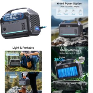 portable 600w power station with 288wh lifepo4 battery for emergency backup, dual 600w ac outlets, 1200w surge protection, and 2