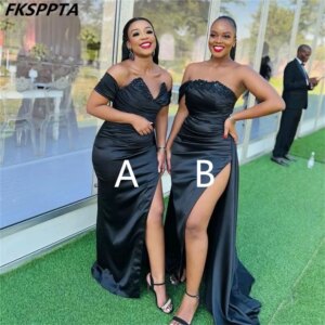 Black Mermaid Long Bridesmaid Dresses With Beading Satin Off The Shoulder Two Styles Maids Of Honor Gowns Custom Made