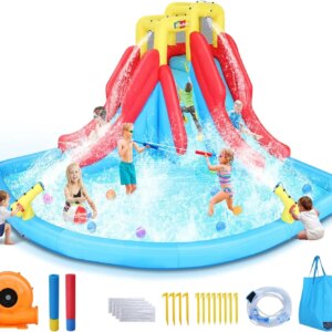 Double Drench Inflatable Water Slide 14.5 x 12.7 x 7.5 FT – Mega Water Park with Blower & Water Squirters, Heavy-Duty for Backya