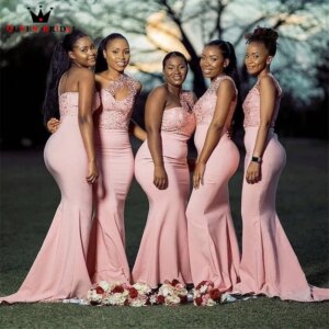 Modern Pink Mermaid Bridesmaid Dress 2023 One Shoulder Zipper Back Dress For Wedding Party Lace Appliques Prom Gown Custom RG02N