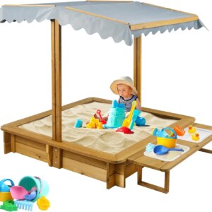 Sandbox with Cover, Sand Box with 2 Toy Bins, 4 Reinforced Benches, UV-Resistant & Adjustable Roof, Bottom Liner, Wooden Sandbox