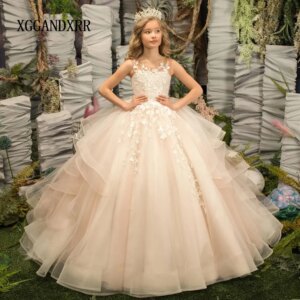 Customized Champagne Flower Girl Dress 2025 Ruffle Layers Mini Quince Birthday Party Gown Wedding Formal Pageant Princess Dress