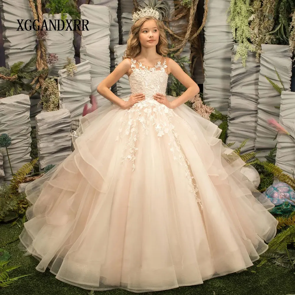 Customized Champagne Flower Girl Dress 2025 Ruffle Layers Mini Quince Birthday Party Gown Wedding Formal Pageant Princess Dress