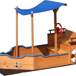 Kids Outdoor Sandboxes for Backyard Garden, Wooden Boat Sandbox with Canopy, Steering Wheel, and Storage Compartments