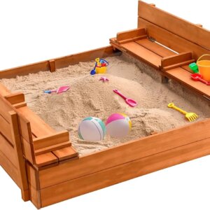 Large Wooden Kids Sandbox with Lid – Outdoor Sand Box for Kids with Cover Sand Protection, Foldable Bench Seats and Bottom Line