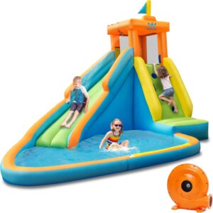 3 In 1 Inflatable Water Slide With 740W Air Blower, Water Park Castle Bouncy House for Backyard, Climbing Wall, Splash Pool