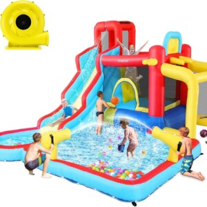 Inflatable Bounce House for Kids, 10 in 1 Waterslide Backyard with Blower, Water Park with Water Cannons, Basketball Hoop, Socce