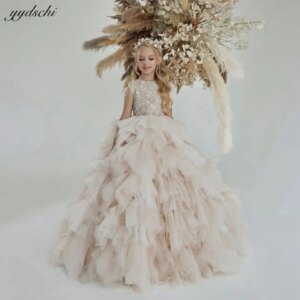 Champagne Ball Gown Puffy Flower Girl Dress For Wedding 2025 Princess Tulle Appliques Beading Party Pageant First Communion Gown