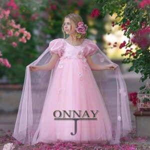 D241229 Pastrol Flower Girl Dress with Cape Lantern Sleeves Pageant Communion Robe De Demoiselle Wedding Party Gown Customized