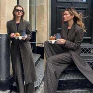 Simple Peaked Lapel Blazer 2 Pieces Vintage Stripe Full Sleeve Long Coat Wide Leg Pants Customized Casual Show Dresses Jacket