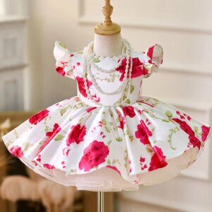 Jill Wish Elegant Red Baby Puffy Sleeve Flower Girl Dress with Bow Knee Length Princess Wedding Birthday Party Ball Gown J051