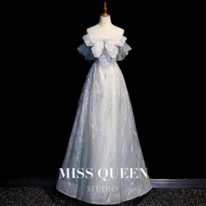 Gray Evening Dress Off Shoulder Luxury Glittering Beading A-line Long Party Formal Bridesmaid Dress Celebrity Prom Gown New