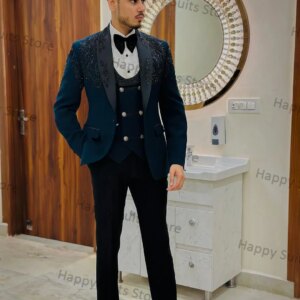 Navy Blue Crystal Men Suit 3 Pcs Blazer+Pants+Vest Groom Formal Office Jacket Coat Wedding Tuxedo Custom Made Cotton Prom Dress