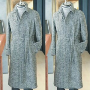 Vintage Men Long Coat Wool Blends Herringbone Trench Coats Single Breasted Drawstring One Piece Set Business Blazers Customized
