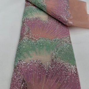 African Beaded High Quality Nigerian Sequins With Pearl Lace French Tulle Lace Fabric For Party Dress Sewing