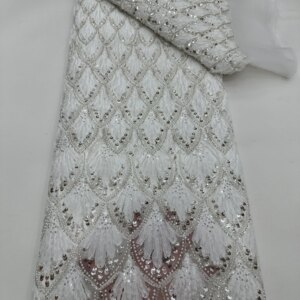 High Quality African Beads Lace Fabric 5 Yards French Nigerian Groom Sequins Lace for Wedding Party Dress Sewing