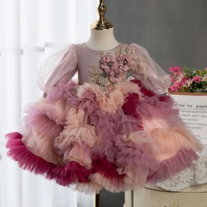 Jill Wish Floral Dubai Fuchsia Flower Girl Dresses Arabic Appliques Princess Kids Gown for Baby Birthday Wedding Party Show J402