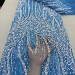 White Pearls And Glitter Textile Lace Fabric African Lace Fabric 5 Yards High Quality 2025 Green Lace Fabric For Sewing KB4500