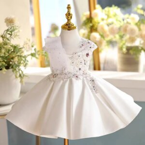 Jill Wish Elegant Satin White Girl Dress with Flowers Knee Length Toddler for Kids Wedding Birthday Communion Party Pageant J462