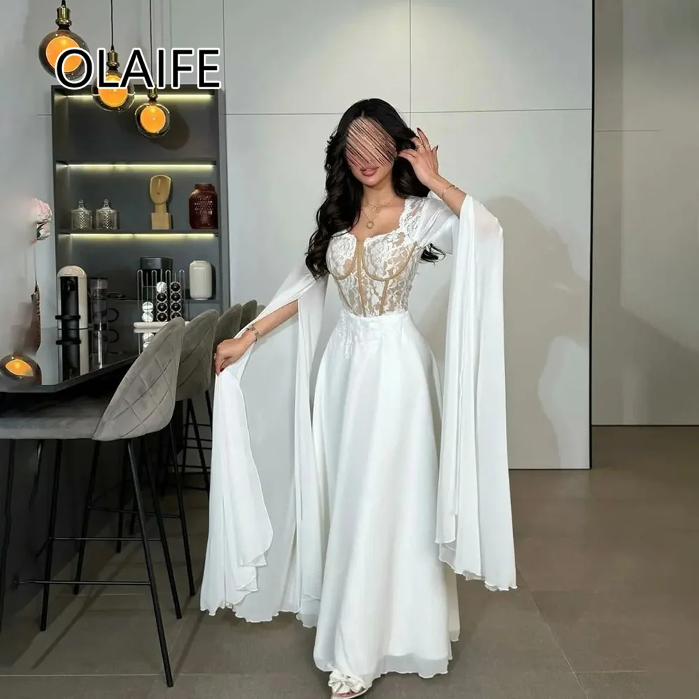 Elegant Sweetheart Collar Chiffon Formal Saudi Arab Dress Lace Corset A-line Floor-length فساتين سهرة Customized with Cape