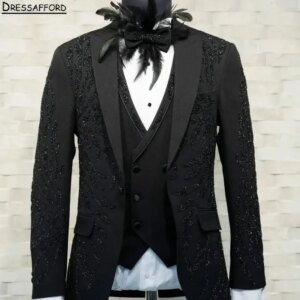 Black Formal Men Business Handmade Beading Occasion Tuxedos Grooms Wedding Party Prom Male Suit 3 Piece Set Blazer Vest Pants