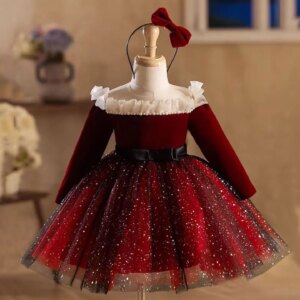 Jill Wish Elegant Burgundy Girl Dress Scalloped Collar Long Sleeve Princess Kids Wedding 1st Birthday Holiday Party Gown J478