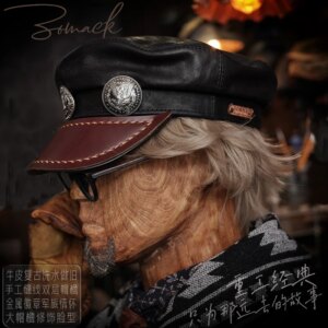 Handmade Amekaji Leather Motorcycle Hat Men Fashion Youth Retro Colonel Flat-Top Cap Captain Beret Women