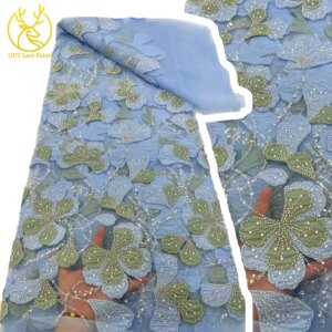 Beautiful African Beaded Sequin Lace Fabric Fashion French Nigerian Tulle Lace Fabric for Women Party Dresses Sewing 5 Yards