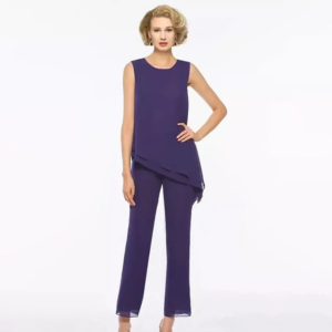 Purple Mother Of The Bride Pant Suits With Jackets Neck Wedding Guest Dress Plus Size Chiffon Mothers Groom Dresses