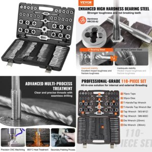 VEVOR Tap and Die Set 110Pie Include Metric Size M2 to M18 Bearing Steel Taps and Dies ential Threading Tool for Cutting Extern