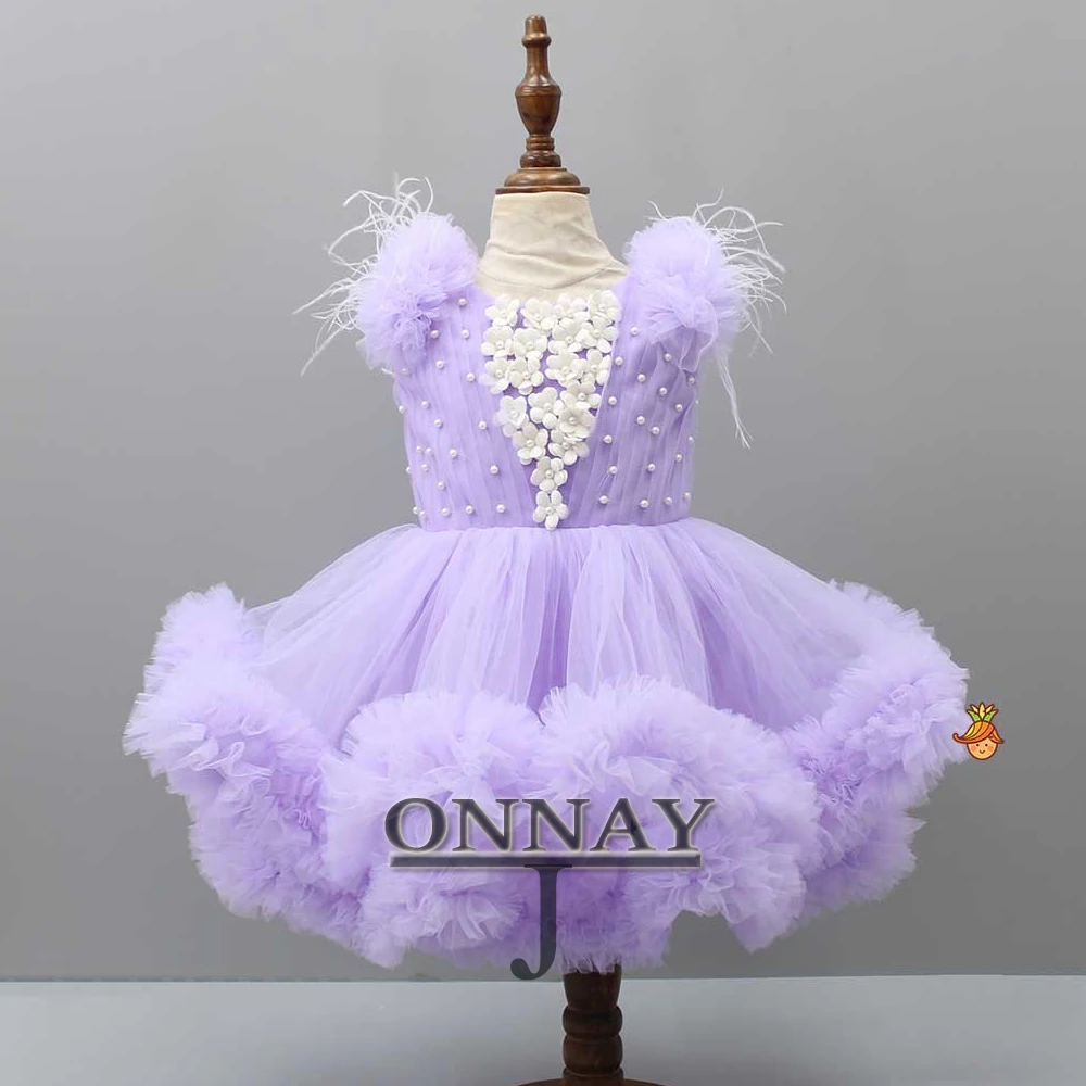 Customized Cute Lilac Feather Flower Girl Dress for Baby Tiered Scoop Pageant Communion Robe De Demoiselle for Girls