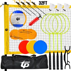 Standard Size 32ft Portable Volleyball and Badminton Combo Set with Volleyball Net Set, Badminton Racket, Carry Bag and Boundary