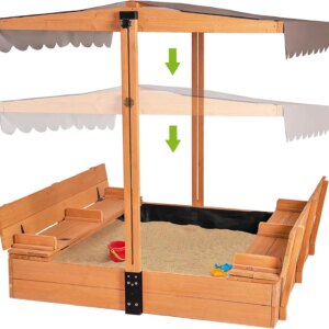 Kids Wooden Outdoor Sandbox w/Canopy, 2 Foldable Bench Seats, Retractable Roof Sand Protection Liner 47×47-Inch