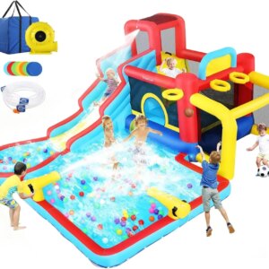 Water Slide Bounce House, Inflatable Water Slide Park with Blower, Family Backyard Jumping Castle Pool Bouncy House, Premium Qua