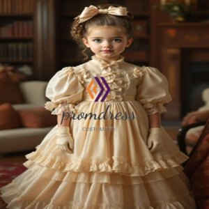Medieval Gold Flower Girls Dress With Lace Victorian Style Children Antique Pageant Dress Birthday Party Dress Bow Customized