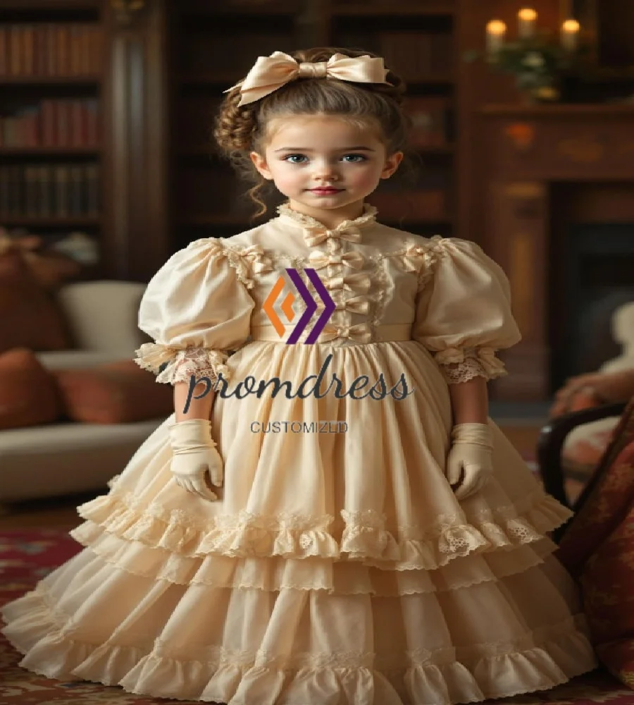 Medieval Gold Flower Girls Dress With Lace Victorian Style Children Antique Pageant Dress Birthday Party Dress Bow Customized
