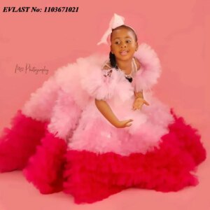 EVLAST Customized Pink and Red Flower Girls Dress for Weddings Ruffles Tiered Girls Pageant Gown First Communion Dress FD72