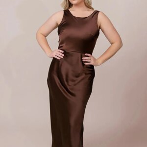 Chocolate Evening Dress O Neck Bridesmaid Dress Long Satin Sleeveless Wedding Party Dress Simple Backless Prom Dress Customized